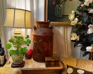 Vintage oil painting, vintage lamps, vintage butterfly milk jug, carved side table with stove top 
