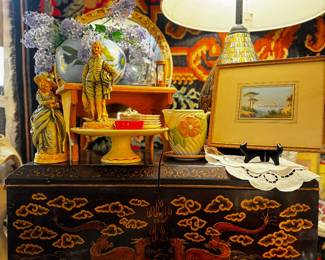 Vintage Asian trunk, vintage original art, vintage ceramics, vintage figurines, vintage lamps 