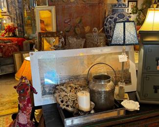 Vintage Paris print, antique painted trunk, vintage lamps 