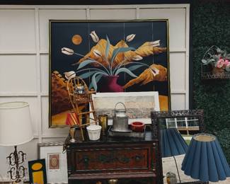Vintage art, lighting, antique chest