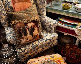 Vintage wingback, vintage needpoint dog pillows, Moroccan lamps