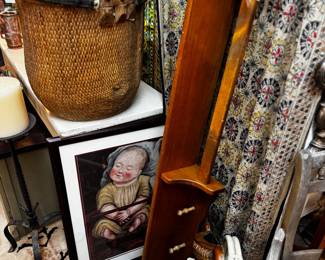 Vintage wooden shelf, antique Asian basket, vintage art 