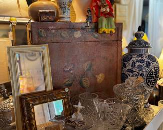 Vintage painted trunk, vintage mirrors, crystal, vases