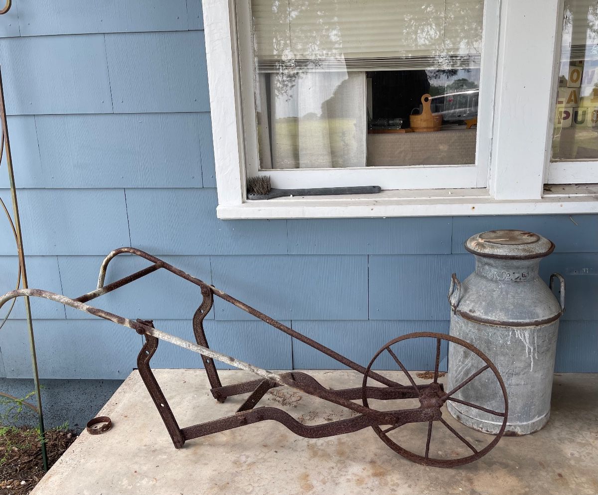 PRIMITIVE HAND PLOW, ANTIQUE GALVANIZED OIL CAN