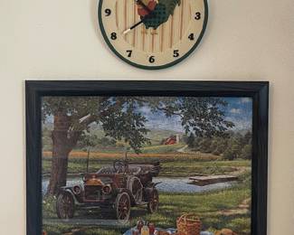 FRAMED COUNTRY MOTIF PUZZLE, ROOSTER CLOCK