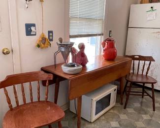 ANTIQUE DROP LEAF TABLE, WOOD KITCHEN CHAIRS
