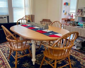 FARMHOUSE DINING TABLE AND CHAIRS, VINTAGE CHICKEN FEEDER