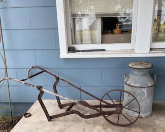 PRIMITIVE HAND PLOW, ANTIQUE GALVANIZED OIL CAN