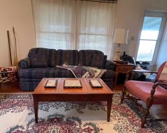 SLEEPER SOFA, LEATHER TOP COFFEE TABLE