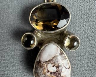 925 Sterling Silver Smoky Quartz Agate Pendant Modernist Multi Stone Pendant 12.4g