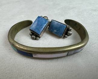 Southwestern Inlay Cuff Bracelet  Sterling Lapis Earrings Native American Style Lot