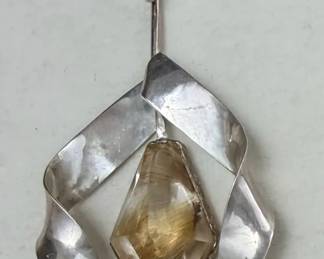 Modernist Silver Tone Pendant w Rutilated Quartz Stone