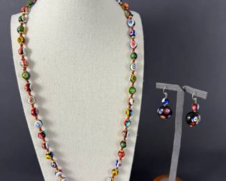 Venetian Millefiori Glass Bead Necklace and Earring Set