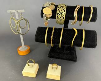 Mixed Costume Jewelry Collection  Gold Tone Bangles, Hoop Earrings, Rings and Coin Charm Bracelet