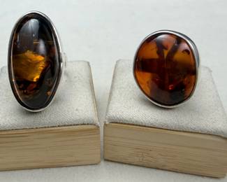 Amber Cabochon Rings, Vintage Modernist Pair