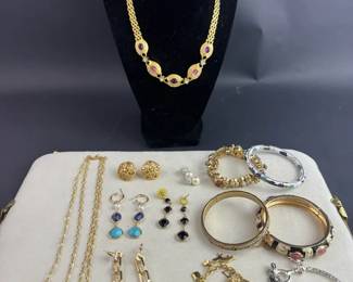 Eclectic Gold Tone Costume Jewelry Collection w Statement Necklace Bangles Earrings Charms