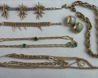 J.Crew Gold Tone Costume Jewelry Lot w Chain Necklaces Green Cabochon Bracelet