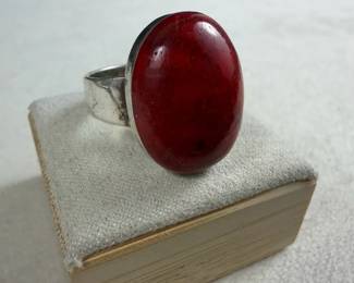 Sterling Silver Red Stone Cabochon Ring Vintage Statement