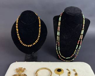 14K Gold Brown Stone Bead Necklace Multi Strand Beaded Necklace Egyptian Pin Set