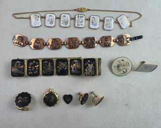Amita Japan Damascene Jewelry Lot Bracelets Pins Cufflinks Scenic Motifs