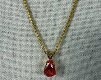 14K Gold Chain Necklace with Pear Cut Tourmaline Stone Pendant  5.13g