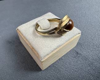 14K Gold Cats Eye Ring Cabochon Statement Ring Size 7 Tiger Eye Look