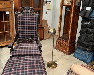 upholstered armchair/ottoman, brass lamp, 
