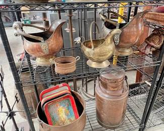 copper/brass coal scuttles, copper milk can