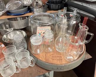wine barrel lazy susan, vintage glassware