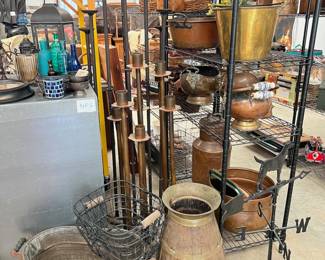 antique copper tub, antique brass wood barrel, oversize metal candelabras