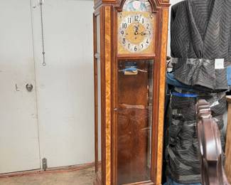 antique Herschede “Sheffield” burlwood grandfather clock