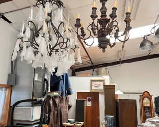 ironwork chandelier with crystal droplets, painted wood/metal chandelier