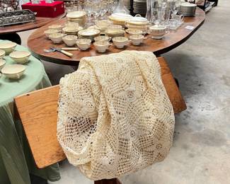 wood saddle stand, crochet tablecloth