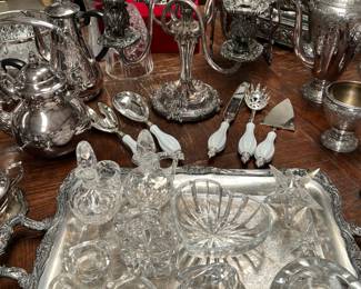 antique silverplate candelabra, crystal pieces