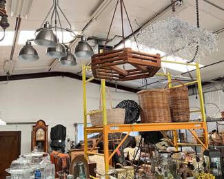 industrial style chandelier, hanging wood pot rack, beaded hanging piece
