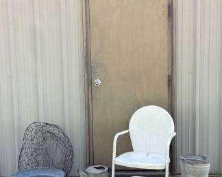 WHITE METAL MID CENTURY MODERN METAL CHAIR,  METAL CORN SHUCK BASKET, VINTAGE METAL BUCKETS