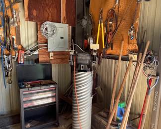 GRINDER ON STAND, TOOLBOX, YARD TOOLS