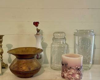 SPITTOON, VINTAGE GLASS FOLGERS JARS, PLANTER PEANUT JAR