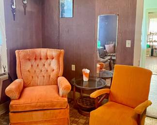 RETRO ORANGE RECLINER & ROCKER, MCM BAMBOO GLASS TOP TABLE