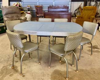 MCM CHROME FORMICA BABY BLUE DINER TABLE WITH 6 SILVER 3D CHAIRS
