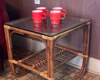 MCM GLASS TOP BAMBOO TABLE,  VINTAGE FIRE KING MUGS