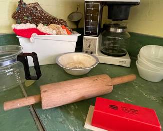 WOODEN ROLLING PIN, TEXACO ADVERTISING BUTTER DISH