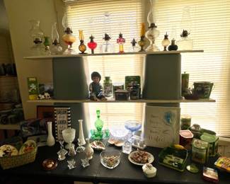 ANTIQUE  & VINTAGE OIL LAMP COLLECTION , COLLECTIBLE GLASSWARE, COKE & JOHN DEERE COLLECTIBLES