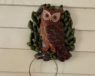 VINTAGE HANDMADE CERAMIC OWL TOWEL HOLDER