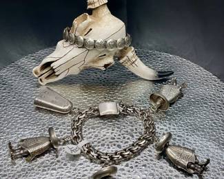 VINTAGE STERLING MEXICO CHARM BRACELET, STERLING AND LEATHER BRACELET
