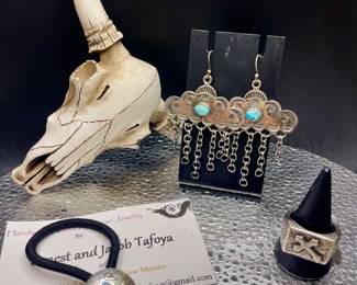 STERLING AND TURQUOISE RAIN CLOUD EARRINGS, NATIVE MADE STERLING HAIR TIE, STERLING CROSS RING