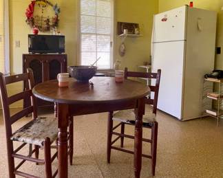 ANTIQUE TABLE, LADDER-BACK CHAIRS WITH HIDE SEATS