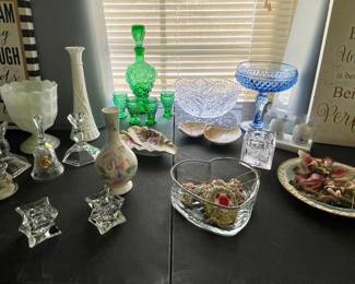 MADE IN ITALY GREEN GLASS DECANTER WITH GLASSES,  INDIANA GLASS DIAMOND POINT BLUE COMPOTE