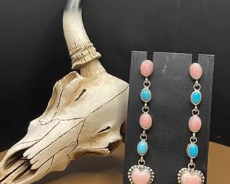 NATIVE AMERICAN STAMPED JUSTINE TSO STERLING PINK CONCH AND TURQUOISE EARRINGS