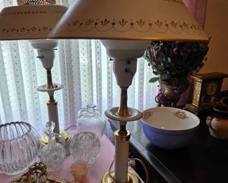 Vintage Toleware Torchiere  Metal Table Lamps Cream Beige Gold  50s 60s MCM